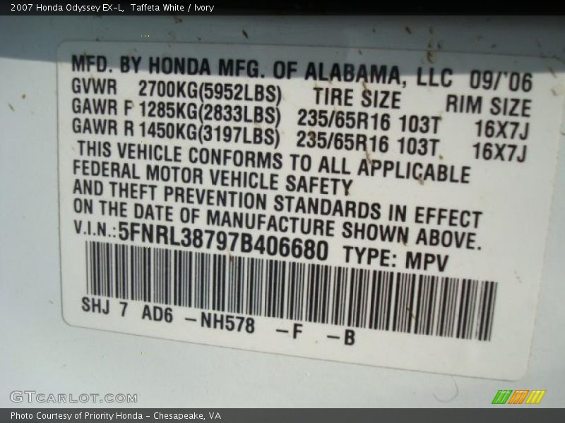 Taffeta White / Ivory 2007 Honda Odyssey EX-L