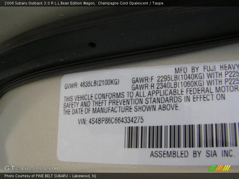 Champagne Gold Opalescent / Taupe 2006 Subaru Outback 3.0 R L.L.Bean Edition Wagon