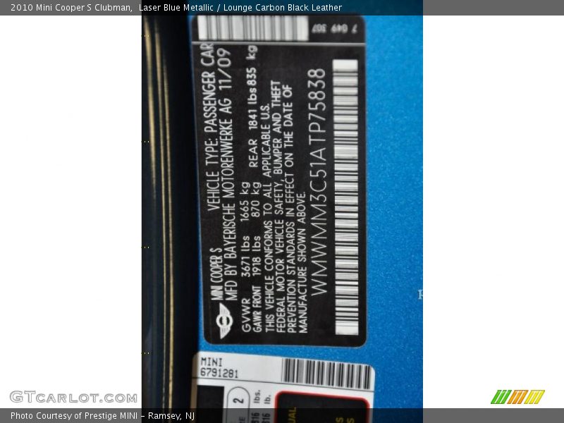 Laser Blue Metallic / Lounge Carbon Black Leather 2010 Mini Cooper S Clubman