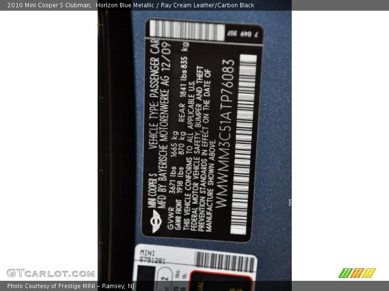 Horizon Blue Metallic / Ray Cream Leather/Carbon Black 2010 Mini Cooper S Clubman