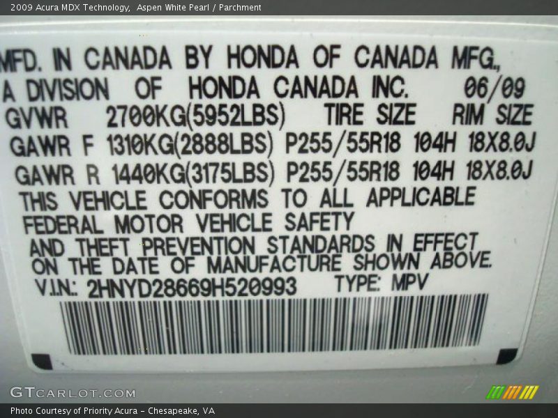 Aspen White Pearl / Parchment 2009 Acura MDX Technology