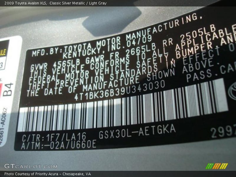 Classic Silver Metallic / Light Gray 2009 Toyota Avalon XLS