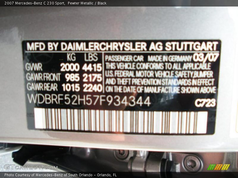 Pewter Metallic / Black 2007 Mercedes-Benz C 230 Sport