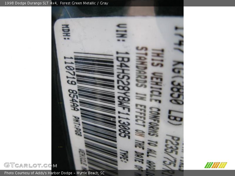 Forest Green Metallic / Gray 1998 Dodge Durango SLT 4x4
