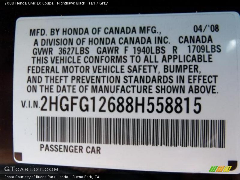 Nighthawk Black Pearl / Gray 2008 Honda Civic LX Coupe