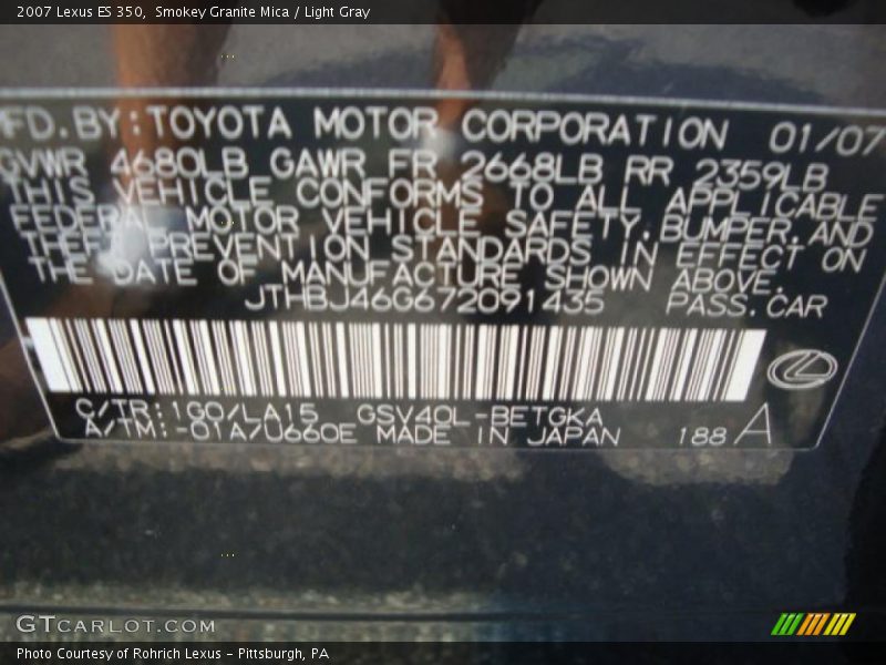 Smokey Granite Mica / Light Gray 2007 Lexus ES 350