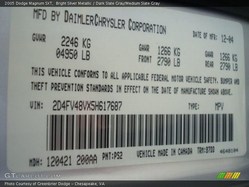 Bright Silver Metallic / Dark Slate Gray/Medium Slate Gray 2005 Dodge Magnum SXT