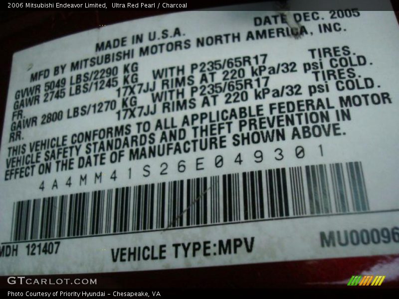 Ultra Red Pearl / Charcoal 2006 Mitsubishi Endeavor Limited