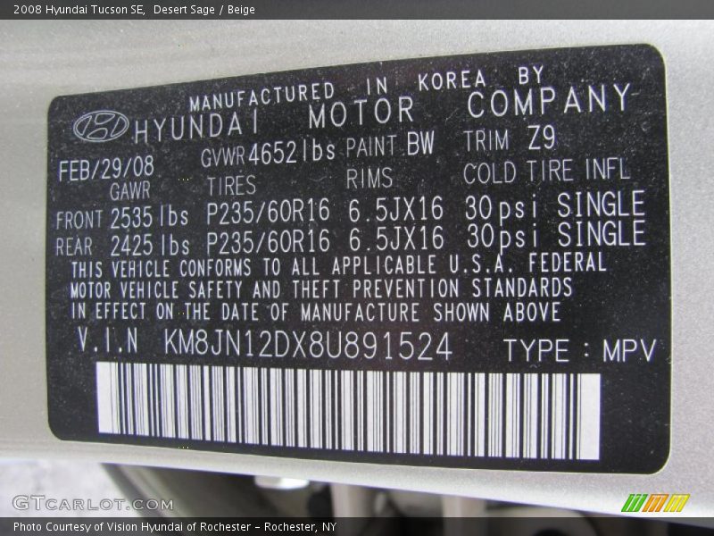 Desert Sage / Beige 2008 Hyundai Tucson SE