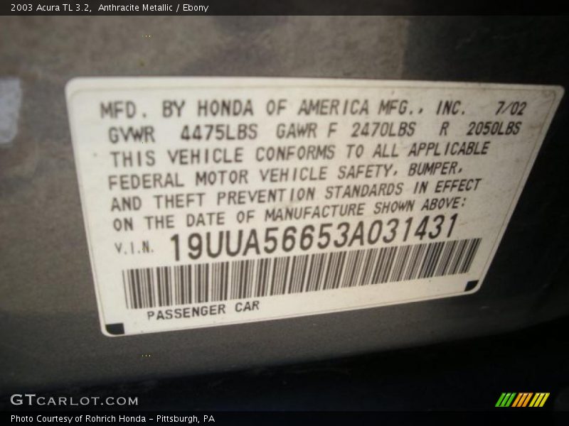 Anthracite Metallic / Ebony 2003 Acura TL 3.2