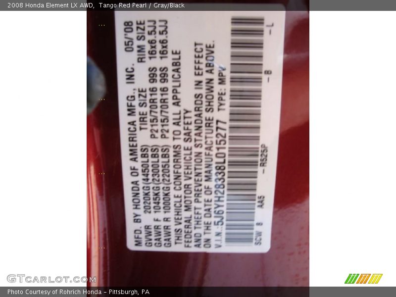 Tango Red Pearl / Gray/Black 2008 Honda Element LX AWD