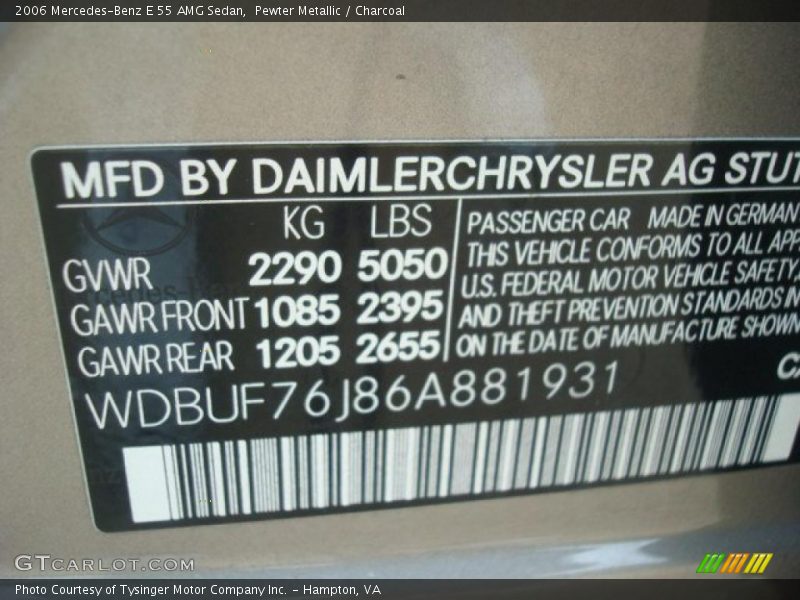 Pewter Metallic / Charcoal 2006 Mercedes-Benz E 55 AMG Sedan