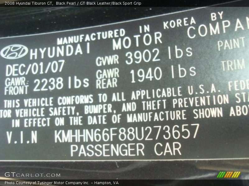 Black Pearl / GT Black Leather/Black Sport Grip 2008 Hyundai Tiburon GT