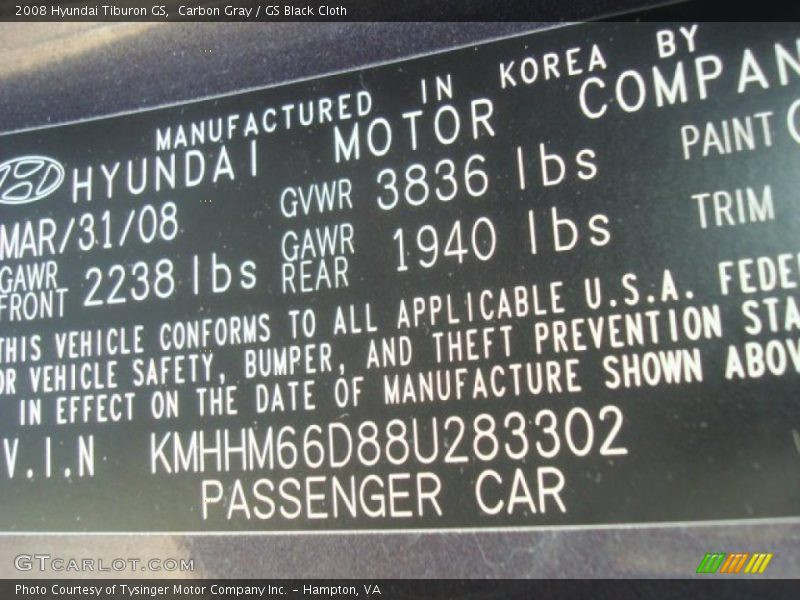 Carbon Gray / GS Black Cloth 2008 Hyundai Tiburon GS
