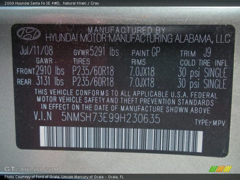 Natural Khaki / Gray 2009 Hyundai Santa Fe SE 4WD