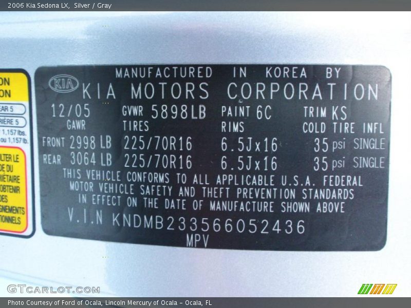 Silver / Gray 2006 Kia Sedona LX