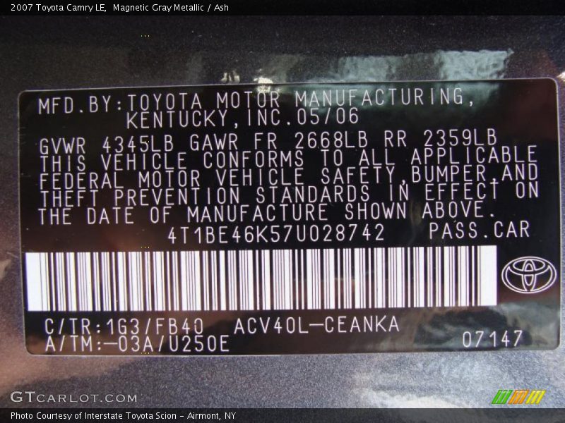 Magnetic Gray Metallic / Ash 2007 Toyota Camry LE