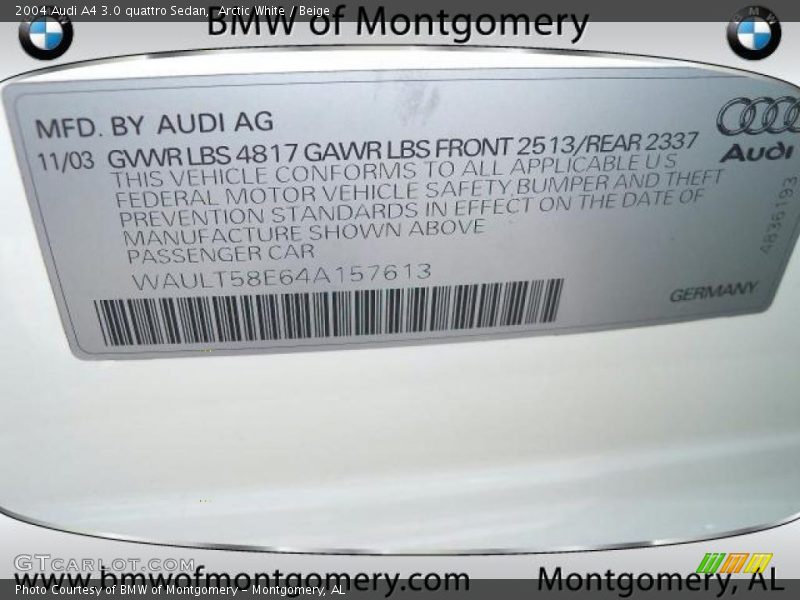 Arctic White / Beige 2004 Audi A4 3.0 quattro Sedan