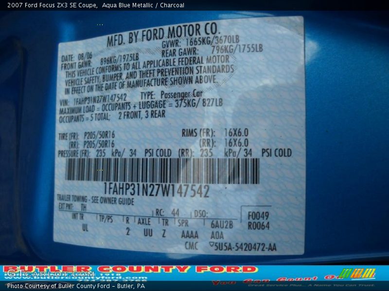 Aqua Blue Metallic / Charcoal 2007 Ford Focus ZX3 SE Coupe