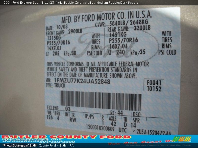 Pueblo Gold Metallic / Medium Pebble/Dark Pebble 2004 Ford Explorer Sport Trac XLT 4x4