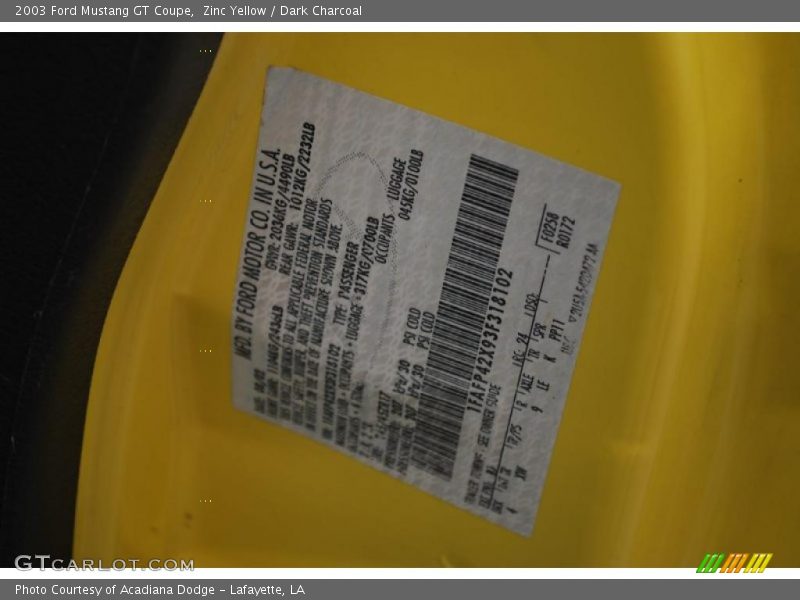 Zinc Yellow / Dark Charcoal 2003 Ford Mustang GT Coupe