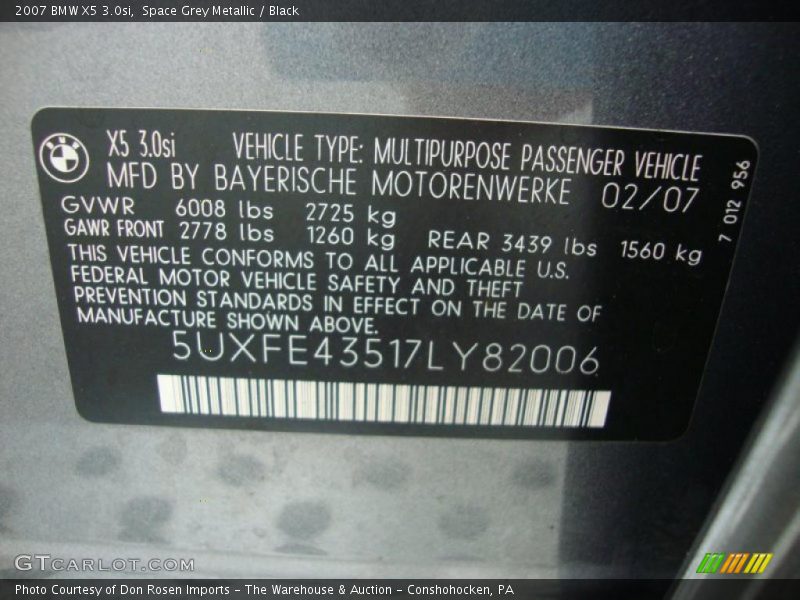 Space Grey Metallic / Black 2007 BMW X5 3.0si