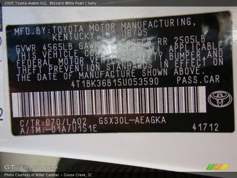 Blizzard White Pearl / Ivory 2005 Toyota Avalon XLS
