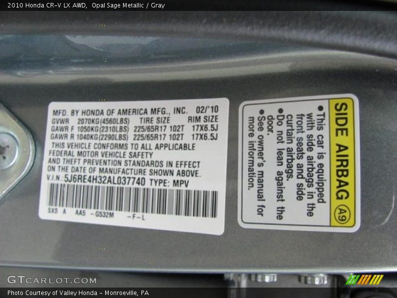Opal Sage Metallic / Gray 2010 Honda CR-V LX AWD