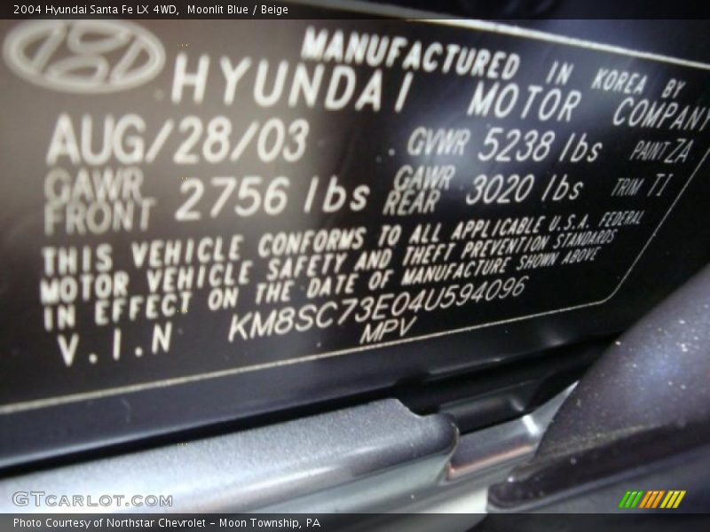 Moonlit Blue / Beige 2004 Hyundai Santa Fe LX 4WD