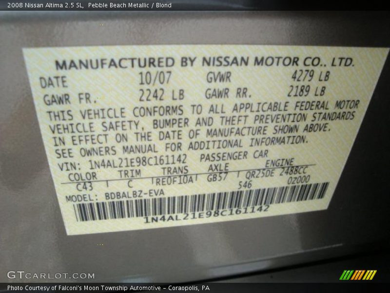 Pebble Beach Metallic / Blond 2008 Nissan Altima 2.5 SL