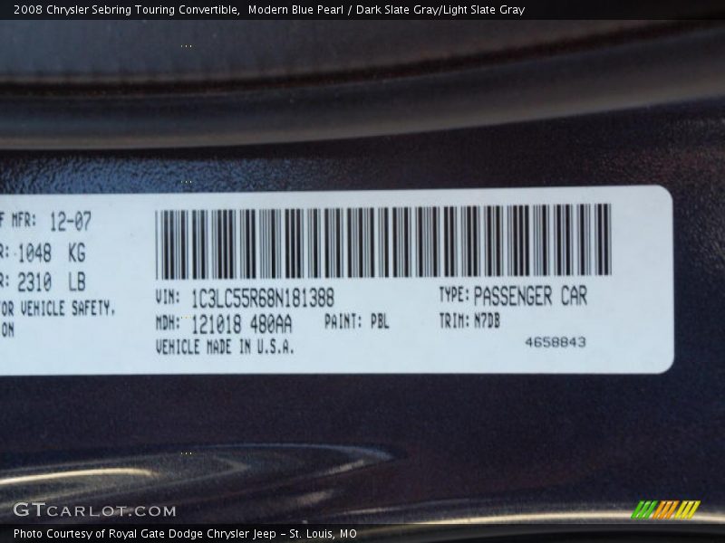 Modern Blue Pearl / Dark Slate Gray/Light Slate Gray 2008 Chrysler Sebring Touring Convertible