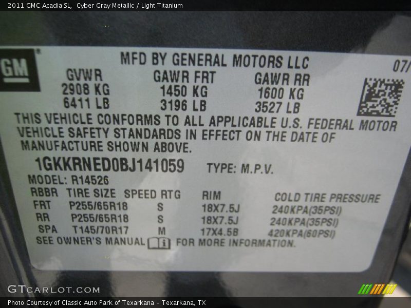 Cyber Gray Metallic / Light Titanium 2011 GMC Acadia SL