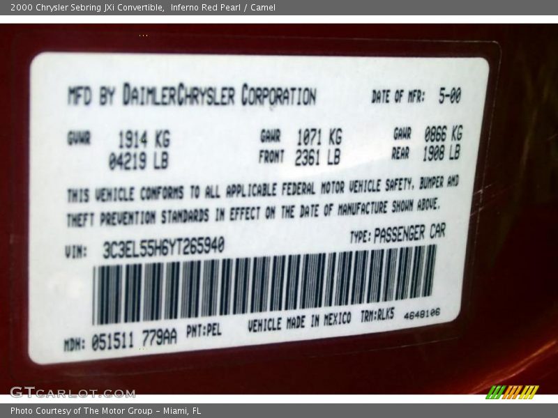 Inferno Red Pearl / Camel 2000 Chrysler Sebring JXi Convertible