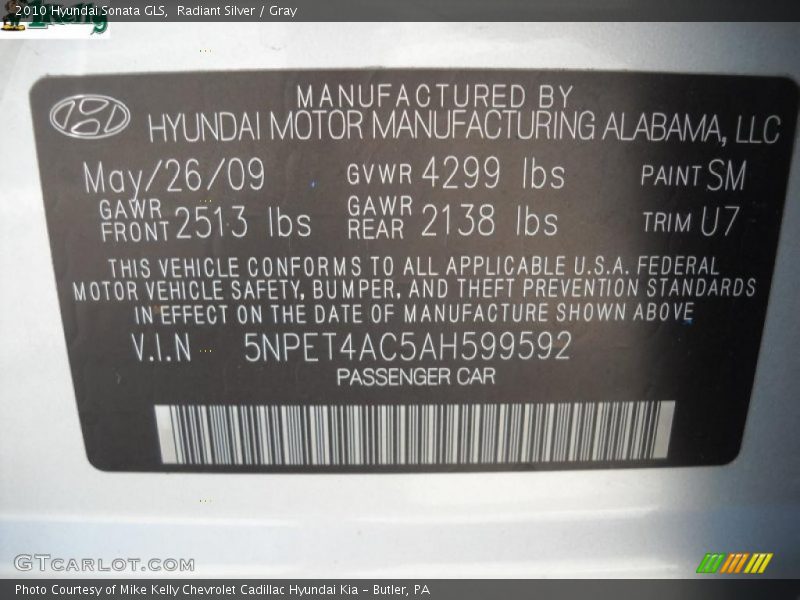 Radiant Silver / Gray 2010 Hyundai Sonata GLS