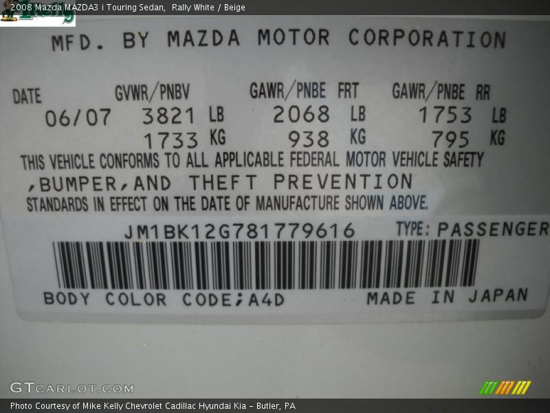 Rally White / Beige 2008 Mazda MAZDA3 i Touring Sedan
