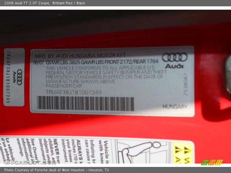 Brilliant Red / Black 2008 Audi TT 2.0T Coupe
