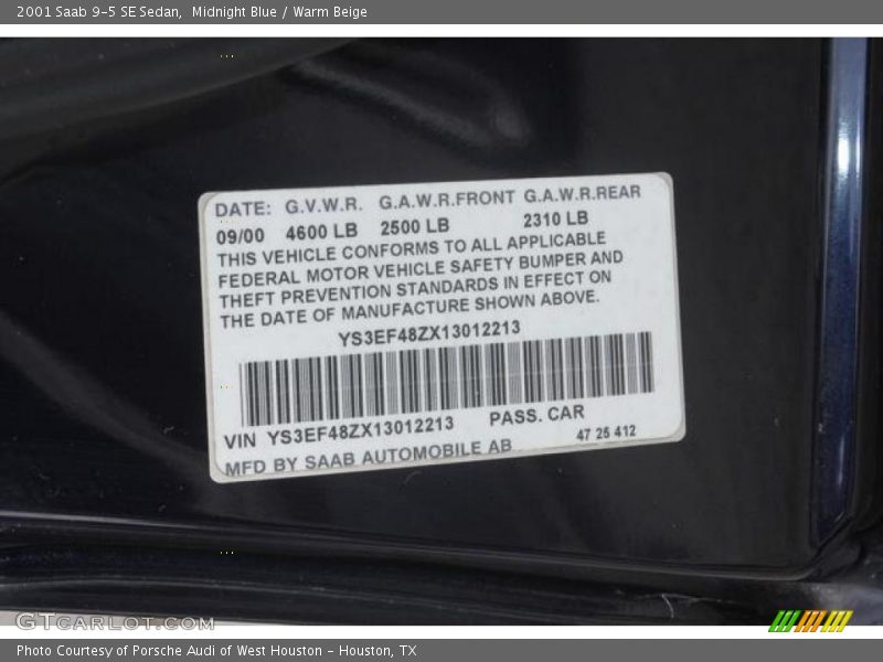 Midnight Blue / Warm Beige 2001 Saab 9-5 SE Sedan