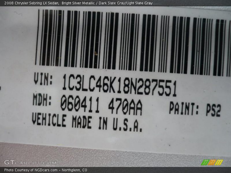 Bright Silver Metallic / Dark Slate Gray/Light Slate Gray 2008 Chrysler Sebring LX Sedan