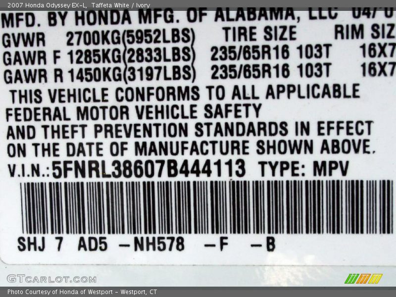 Taffeta White / Ivory 2007 Honda Odyssey EX-L