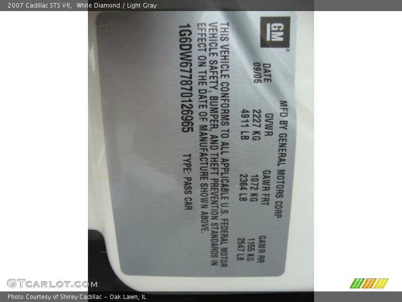 White Diamond / Light Gray 2007 Cadillac STS V6