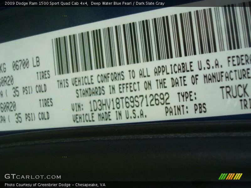 Deep Water Blue Pearl / Dark Slate Gray 2009 Dodge Ram 1500 Sport Quad Cab 4x4