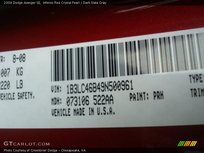 Inferno Red Crystal Pearl / Dark Slate Gray 2009 Dodge Avenger SE