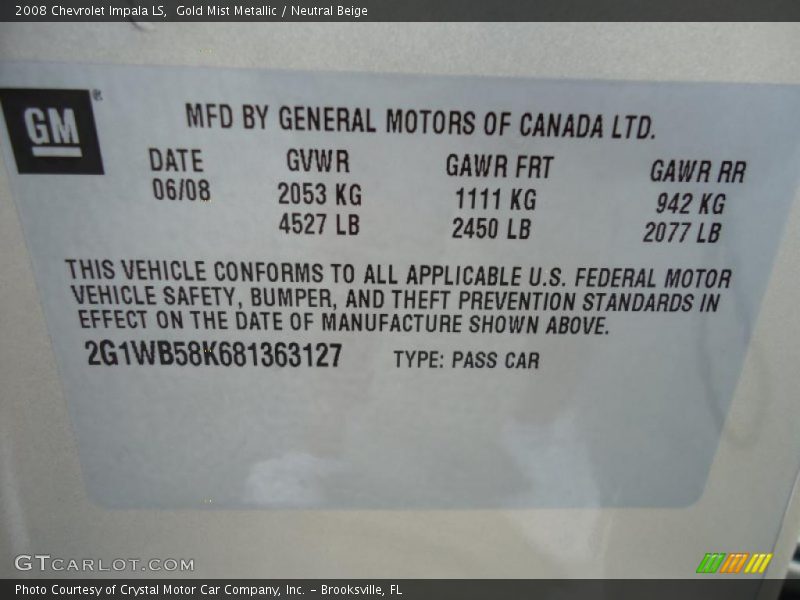 Gold Mist Metallic / Neutral Beige 2008 Chevrolet Impala LS