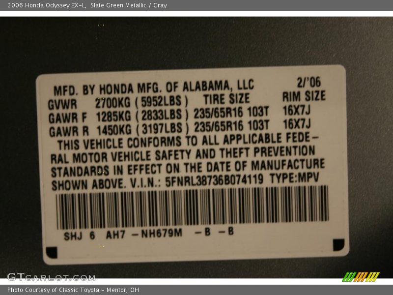 Slate Green Metallic / Gray 2006 Honda Odyssey EX-L