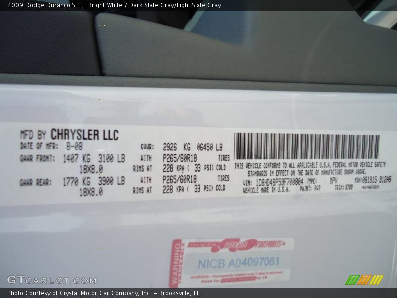 Bright White / Dark Slate Gray/Light Slate Gray 2009 Dodge Durango SLT