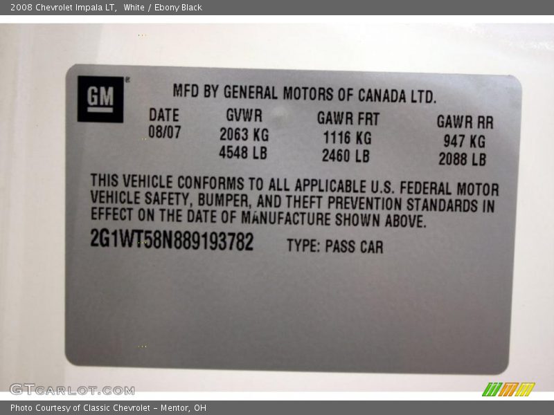 White / Ebony Black 2008 Chevrolet Impala LT