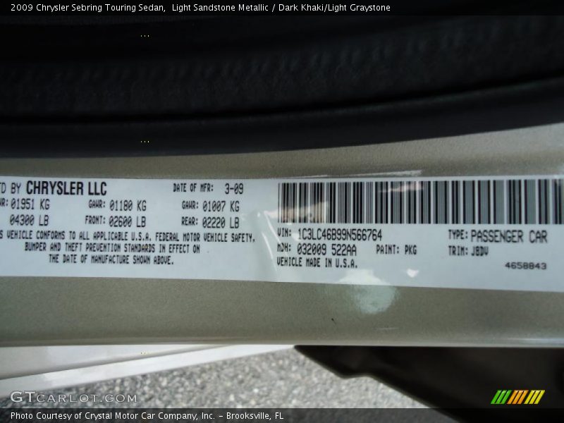 Light Sandstone Metallic / Dark Khaki/Light Graystone 2009 Chrysler Sebring Touring Sedan