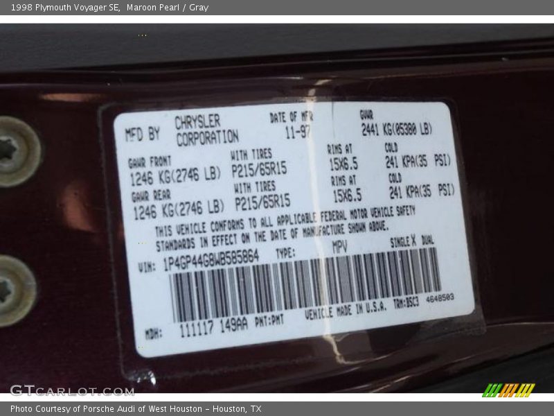 Maroon Pearl / Gray 1998 Plymouth Voyager SE