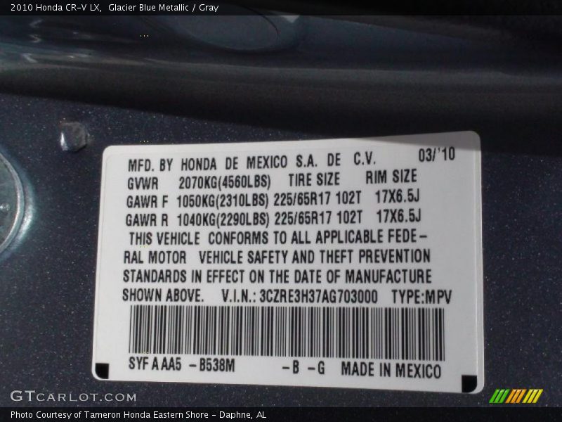Glacier Blue Metallic / Gray 2010 Honda CR-V LX