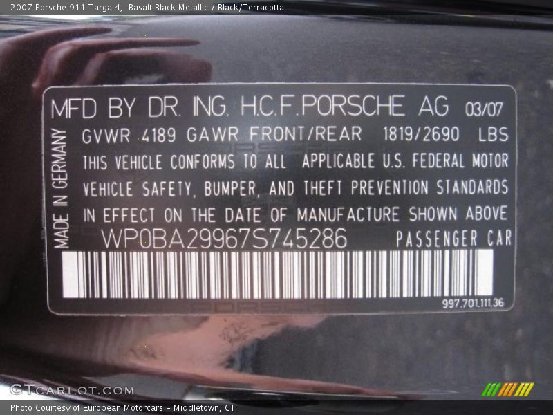 Basalt Black Metallic / Black/Terracotta 2007 Porsche 911 Targa 4